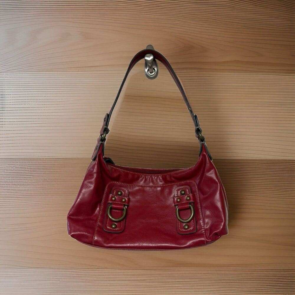 Nine West Red Faux Leather Handbag Shoulder Bag Purse Hobo Buckle Baguette Y2K